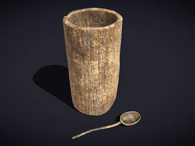 Rustic Wooden Cylindrical Cup With Small Spoon On Dark Background 3d model