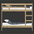 Wooden Bunk Bed Frame With Upper Lower Twin Mattresses And Plaid Sheets