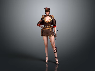 Female Game Movie Character In Military Style Uniform With Hat Weapon And High Heels 3d model