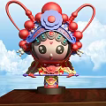 Cartoon Style Sculptures With Red Purple Opera Headdresses On Wooden Table