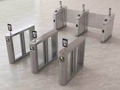Public Facilities Silver Turnstiles With Display Screens And Card Readers For Entrance Security 3d model