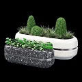 White And Black Roadside Planters With Green Shrubs And Decorative Plants For Urban Streets