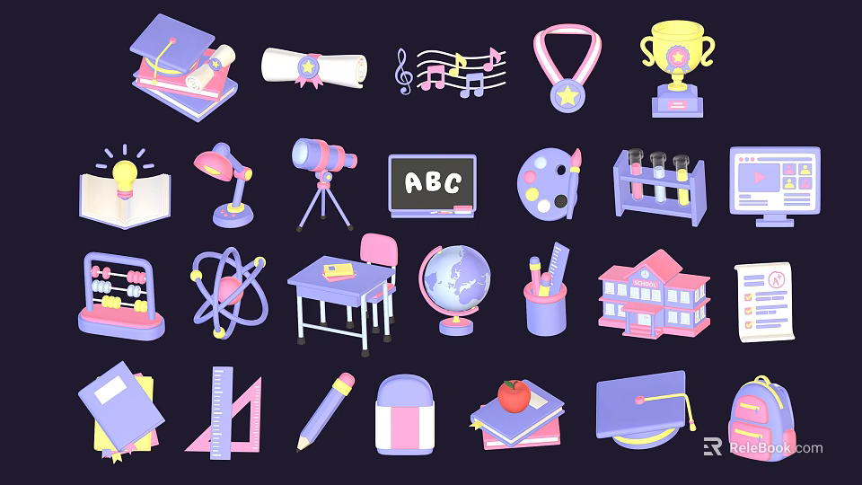 Essential School Supplies For Students With Books Globe Pencils Microscope And Notebook 3d model 