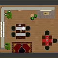 Cartoon Room Scene With Tables Chairs Green Lamp Wall Pictures And Curtained Window