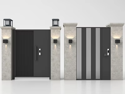 Modern Black Double Gates With Striped Design Stone Pillars And Wall Lamps 3d model