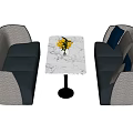 Modern Public Chairs with Gray Navy Blue Upholstery and Marble Table with Yellow Flowers