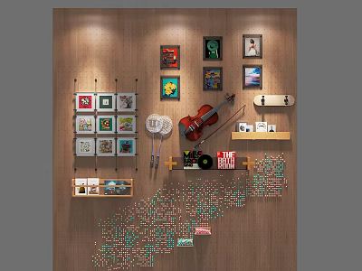 Artistic Decorative Ornaments Set with Framed Art Violin Skateboard Fan and Puzzle on Wooden Wall 3d model
