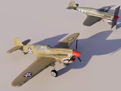 Vintage Olive Green Fighter Aircraft With Shark Mouth Design And Star Markings 3d model
