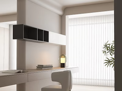 Modern Study Room Interior With Desk Chair Wall Mounted Shelves Table Lamp And Plant 3d model