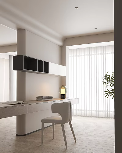 Modern Study Room Interior With Desk Chair Wall Mounted Shelves Table Lamp And Plant 3d model