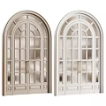 Dark Colored Swing Doors With Arched Top Glass Panes And Metal Handles