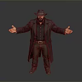 Man Wearing Black Hat Long Coat And Brown Pants With Arms Outstretched On Grey Background