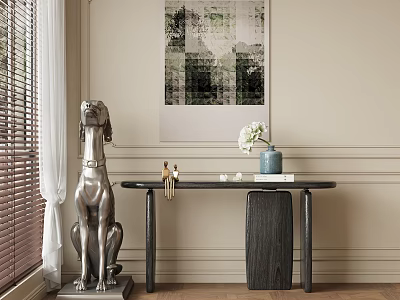 Elegant Console Table Interior With Silver Dog Sculpture Vase Flowers And Wall Painting 3d model