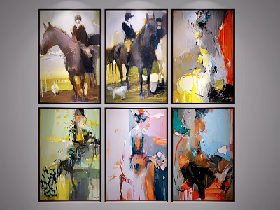 Vibrant Collection of Six Oil Paintings Featuring Equestrian Figures And Abstract Brushstrokes 3d model