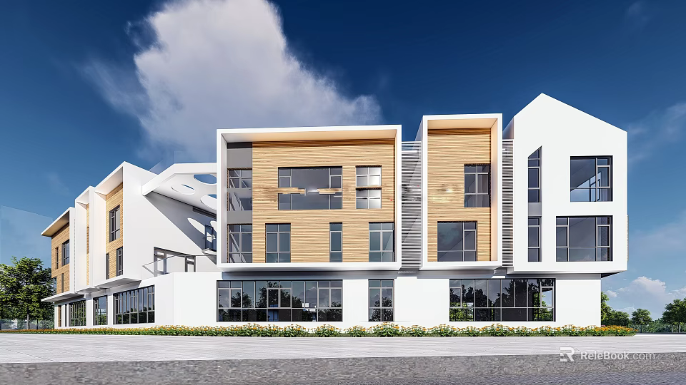 Modern School Building With White And Wooden Facade Large Windows Greenery And Front Pathway 3d model 