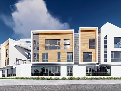 Modern School Building With White And Wooden Facade Large Windows Greenery And Front Pathway 3d model