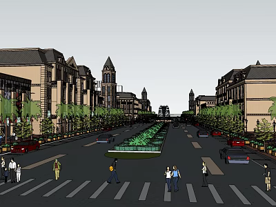 Bustling Commercial Street Featuring Historic Buildings Tower Central Greenery Pedestrians And Vehicles 3d model