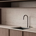 Modern Kitchen Interior With Wooden Cabinets White Countertop Checkerboard Upper Cabinets And Open Shelf