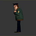 Cartoon Police Officer In Green Jacket With Brown Fur Collar Cap Mustache Hands On Chest