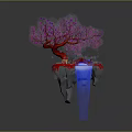 Floating Rock Scene With Red Tree Pink Flowers Red Bridge And Blue Water Flow