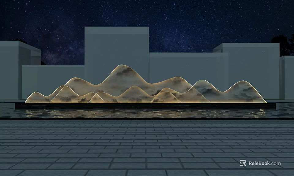 Starry Night Garden Ornament Illuminated Rockery With Water Reflection Brick Pavement And White Buildings 3d model 