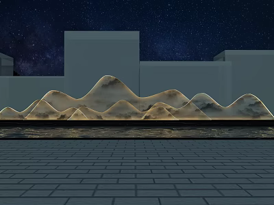 Starry Night Garden Ornament Illuminated Rockery With Water Reflection Brick Pavement And White Buildings 3d model