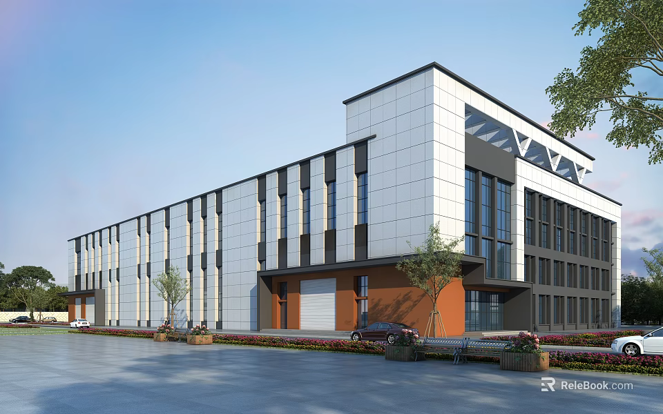 Industrial Factory Building Modern Exterior With Large Glass Windows Metal Panel Walls And Landscaping 3d model 
