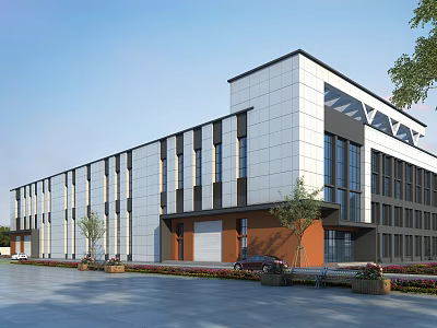 Industrial Factory Building Modern Exterior With Large Glass Windows Metal Panel Walls And Landscaping 3d model