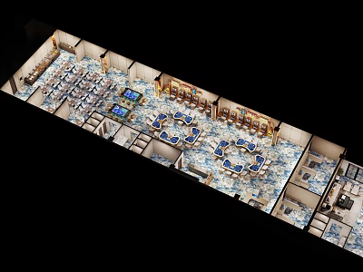 Aerial View of Restaurant Layout with Round Tables and Chairs and Patterned Flooring 3d model
