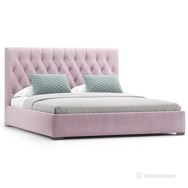 Modern Pink Tufted Upholstered Double Bed With Light Gray Bedding And Two Gray Decorative Pillows 3d model