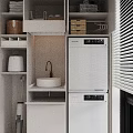 Practical Home Balcony With White Storage Cabinets Drawers Shelves Sink Washing Machine Dryer And Blinds