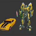 Yellow Bumblebee Robot And Shiny Sports Car Display Transformation Design With Metallic Features