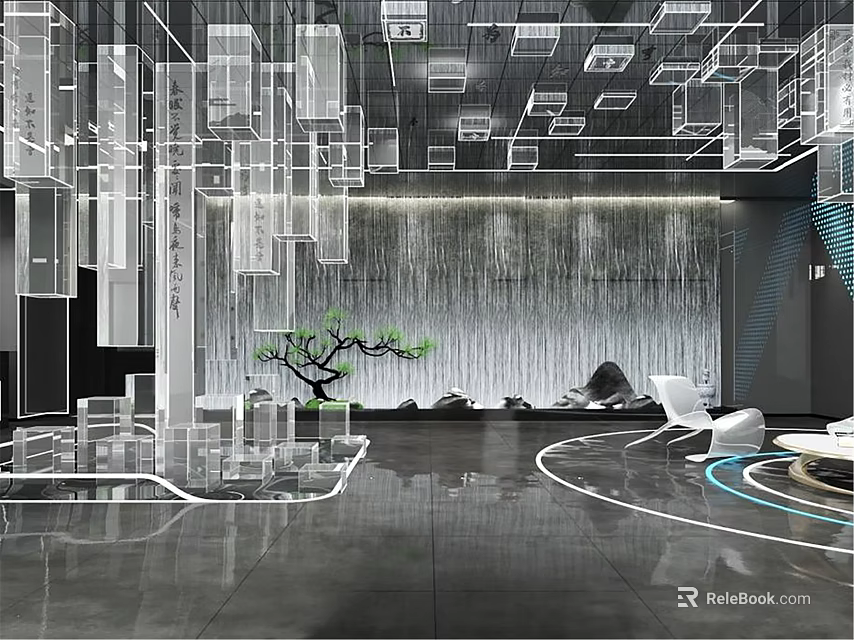 Modern Front Desk Reception Area With Stylish Counter Lighting And Decorative Greenery Design 3d model 