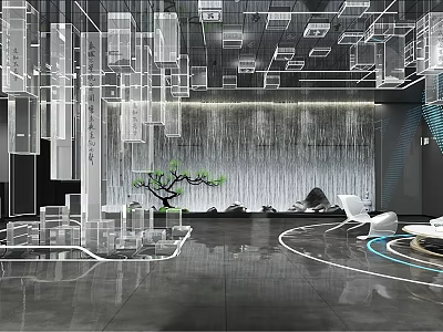 Modern Front Desk Reception Area With Stylish Counter Lighting And Decorative Greenery Design 3d model