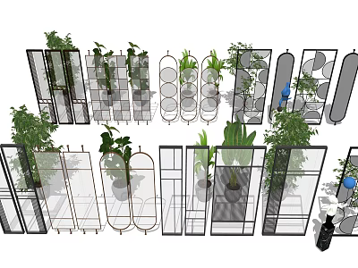Modern Room Dividers With Green Plants And Metal Frame Glass Designs 3d model