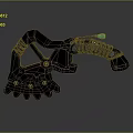 Decorative Mythical Axe Tool With Black Body Orange Patterns Flame Shaped Serrations And Green Tip