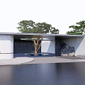 Modern Minimalist Building Entrance Gate With Trees Stone Elements And Water Reflection 3d model