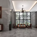 Hotel Lobby Interior With Decorative Elevators Marble Flooring Gray Walls And Windows 3d model