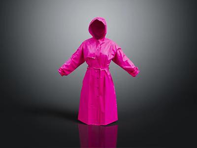 Stylish Pink Hooded Raincoat With Belted Waist Long Length And Waterproof Design 3d model