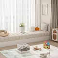 Bay Window Beige Cushion Seat White Curtains Potted Plant Pumpkin Decor Toys White Storage Box