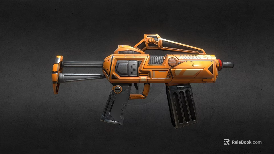 Futuristic Orange Machine Gun with Multiple Barrels Mechanical Parts and Modern Design 3d model 