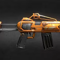 Futuristic Orange Machine Gun with Multiple Barrels Mechanical Parts and Modern Design