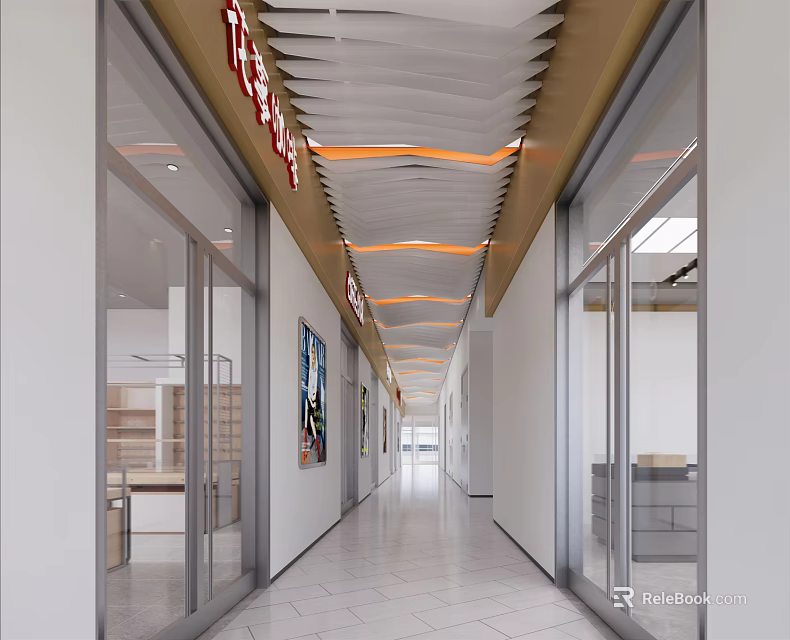 Modern Elevator Corridor Interior Design With Sleek Ceiling Lighting And Glass Doors 3d model 