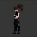3D Game Movie Character With Brown Bun Hairstyle Black Sleeveless Top Cargo Pants Crossed Arms
