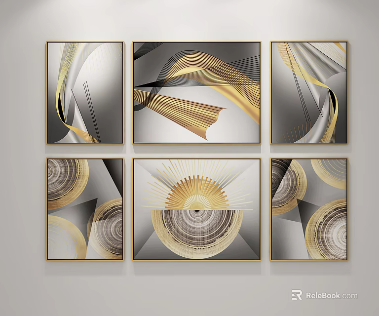 Modern Abstract Wall Art with Gold Gray Wavy Lines and Circular Patterns in Frames 3d model