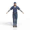 Man in blue work uniform and cap standing with arms outstretched isolated on white