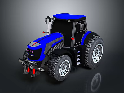 Blue And Black Farm Tractor With Large Wheels Enclosed Cabin And Metallic Body 3d model