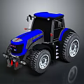 Blue And Black Farm Tractor With Large Wheels Enclosed Cabin And Metallic Body