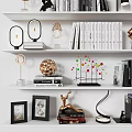 Stylish Wall Mounted Storage Shelf With Books Decorative Lamps Sculptures And Picture Frames