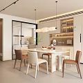 Modern Restaurant Interior With Dining Table Chairs Hanging Lights And Wine Rack
